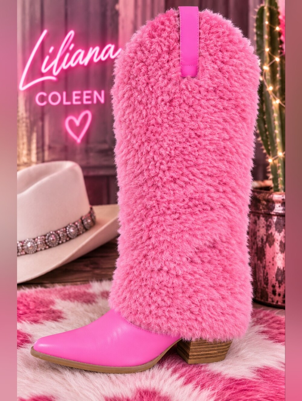 Liliana “Coleen-4” Pink Faux Fur Cowgirl Boots – Women’s Size 8 – NIB